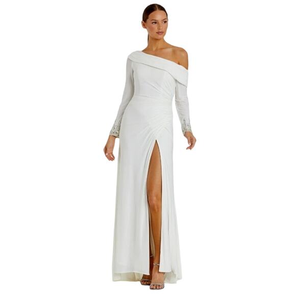 MAC DUGGAL Dress Size 10 Evening Gown White Off Shoulder Long Sleeve Rhinestone - Picture 1 of 7